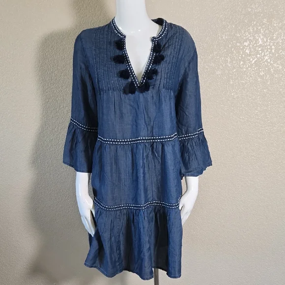 Tommy Bahama Black and Blue Tiered Sundress with Bell Sleeves - Picture 2 of 6